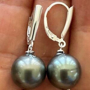 12.2mm Real TAHITIAN Pearl Earrings -925 Sterling Silver Shield Front Leverbacks